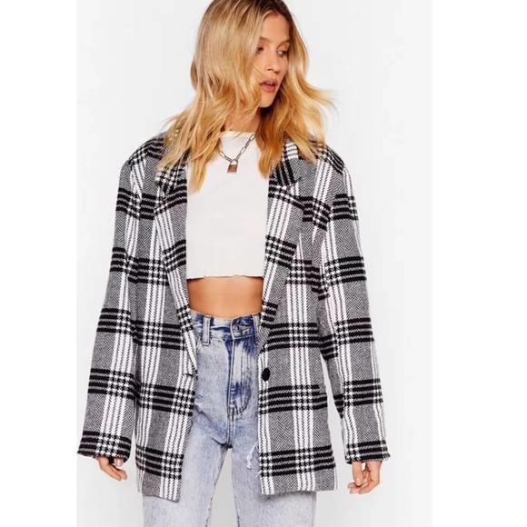 Nasty Gal Jackets & Blazers - Nasty Gal Black & White Longline Check Plaid Single Breasted Blazer Jacket 4